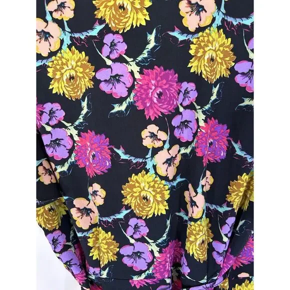 Topshop Floral Wrap Blouse Womens Size 10 Black Yellow Preppy Classic NWT - Picture 7 of 12
